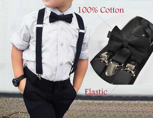 Black Elastic Braces Suspenders + 100% Cotton Black Solid Bowtie Bow Ties for BABY Kids Page Boy Toddler / Youth Teenage / Men ADULT