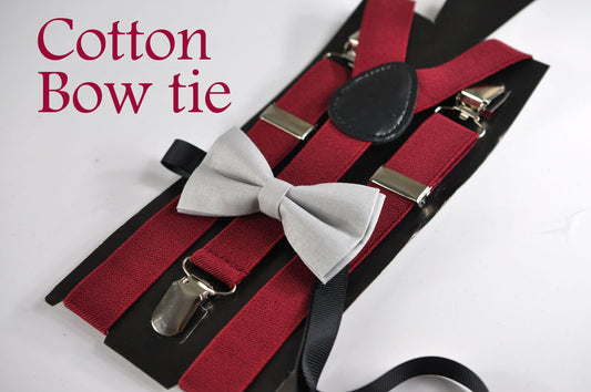 BOY KIDS Baby Infant Burgundy Red Dark Wine Clip-on Braces Elastic Suspenders + 100% Cotton Silver Grey Bowtie Bow Ties Fits 1-6 Years Old