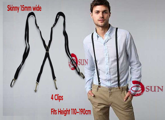 Men Women Unisex Black Adjustable Skinny 15mm 1.5cm Wide X-Back 4 Clips Pants Elastic Suspenders Braces Fits Height 110cm to 190cm