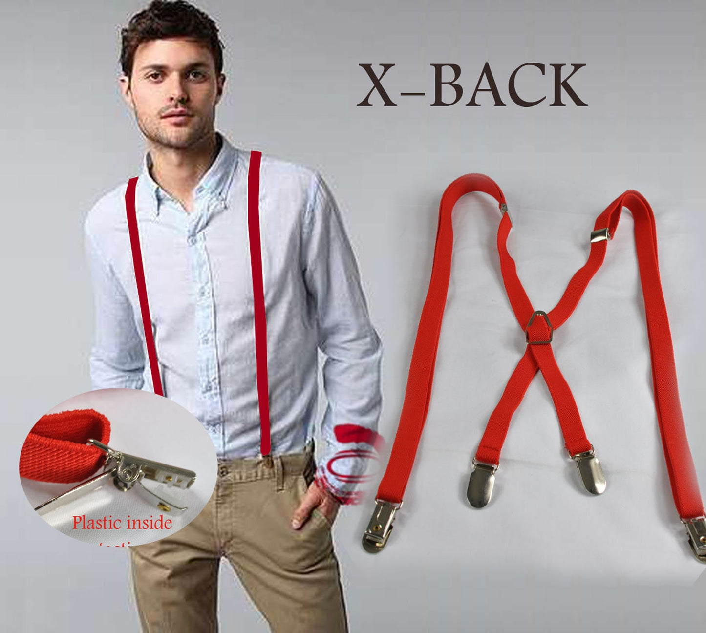 Men Women Unisex Red Adjustable Skinny 15mm 1.5cm Wide X-Back 4 Clips Pants Elastic Suspenders Braces Fits Height 110cm to 190cm