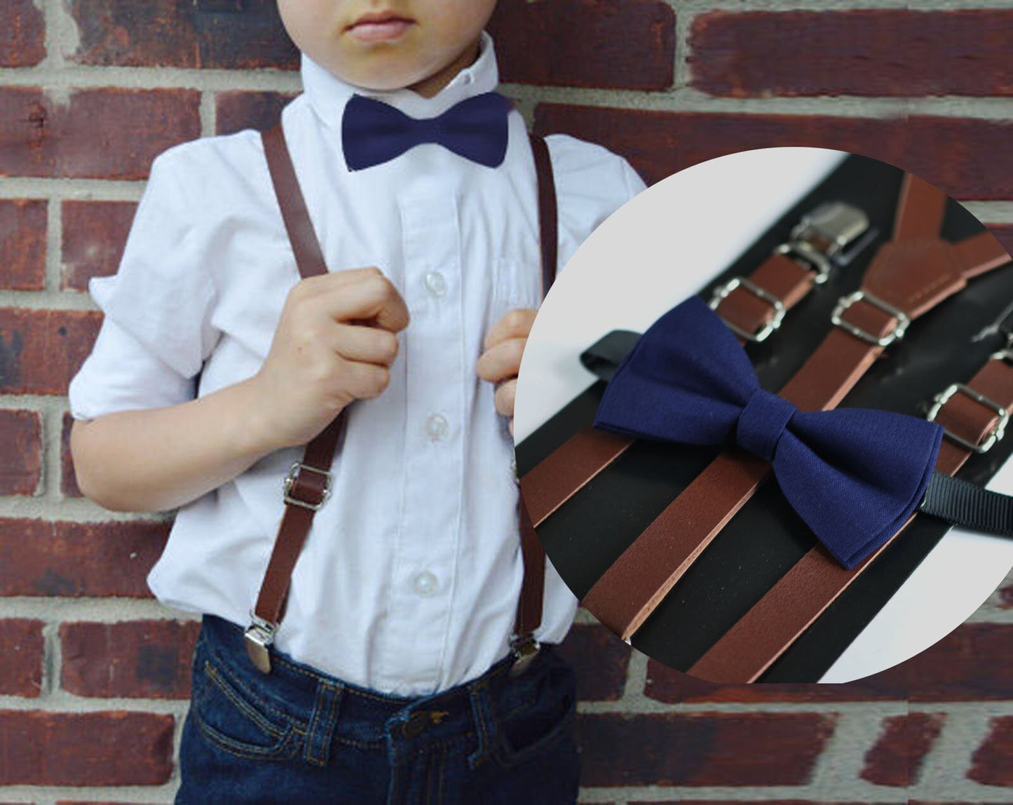 Dark Brown Faux Leather Skinny Adjustable Braces Suspenders + Cotton Navy Blue Bowtie Bow Ties FOR Baby infant / Kids Boy / Youth Teenage