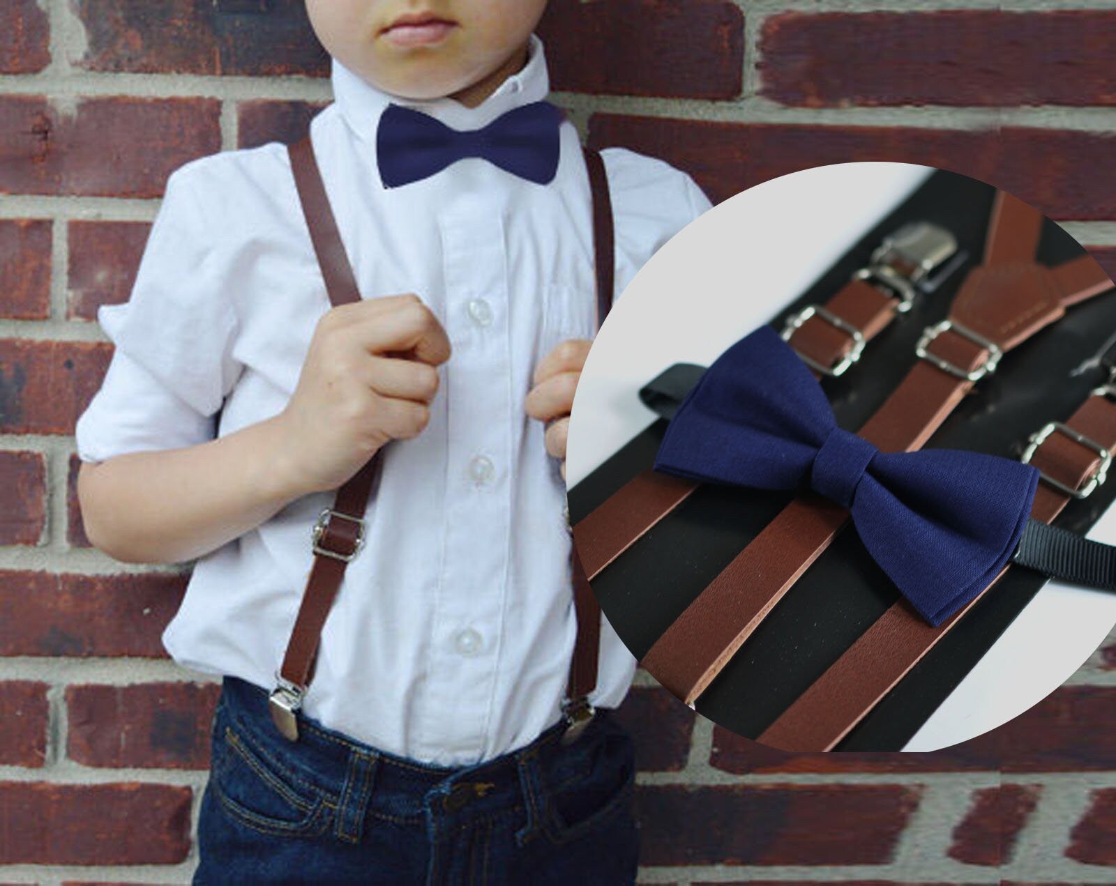 Dark Brown Faux Leather Skinny Adjustable Braces Suspenders + Cotton Navy Blue Bowtie Bow Ties FOR Baby infant / Kids Boy / Youth Teenage
