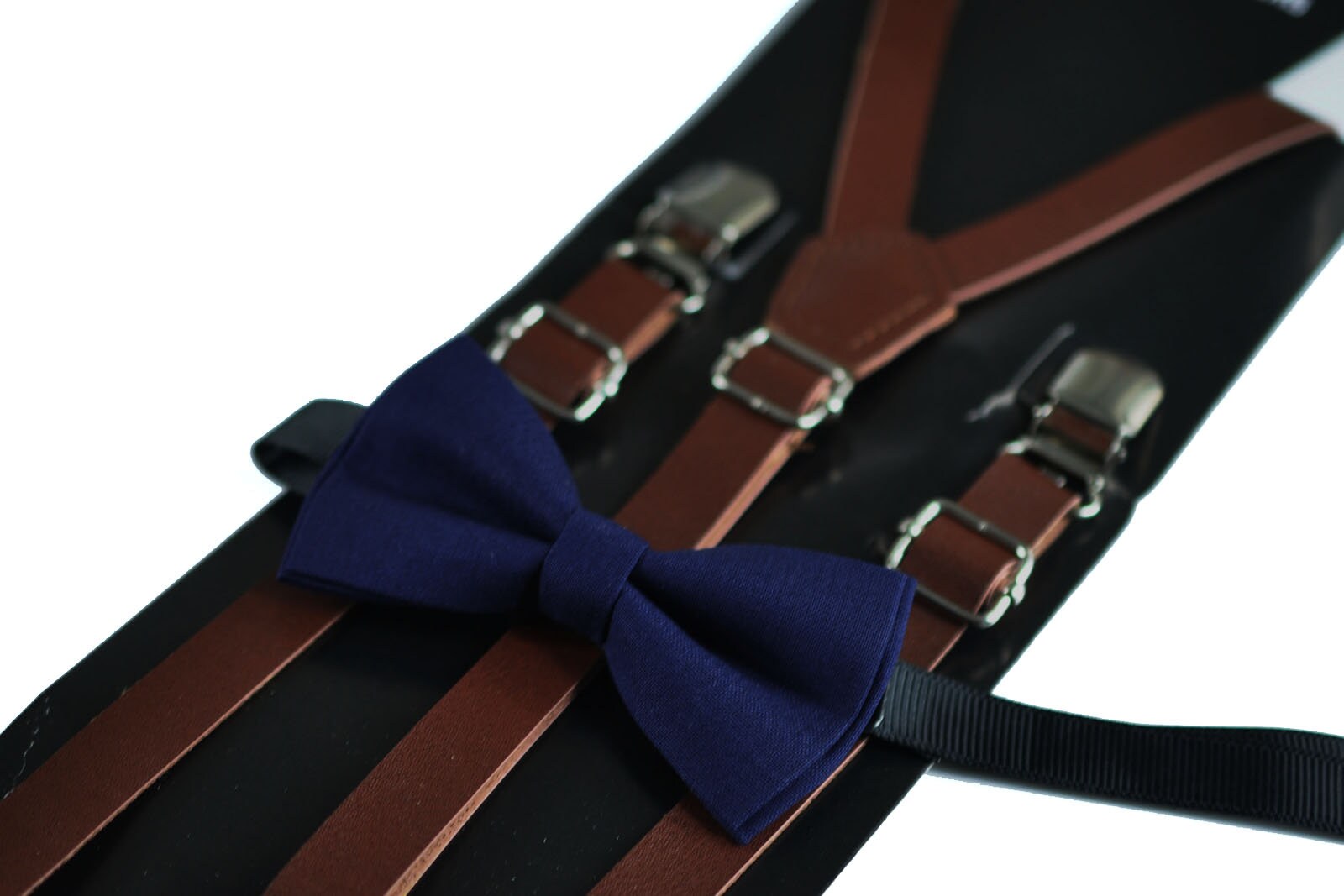 Dark Brown Faux Leather Skinny Adjustable Braces Suspenders + Cotton Navy Blue Bowtie Bow Ties FOR Baby infant / Kids Boy / Youth Teenage