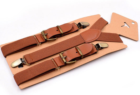 25mm Elastic Brown Tan Faux Leather Adjustabale Suspenders Braces for Men Adult / Youth Teenage / Boy Kids / Infant Toddler Baby