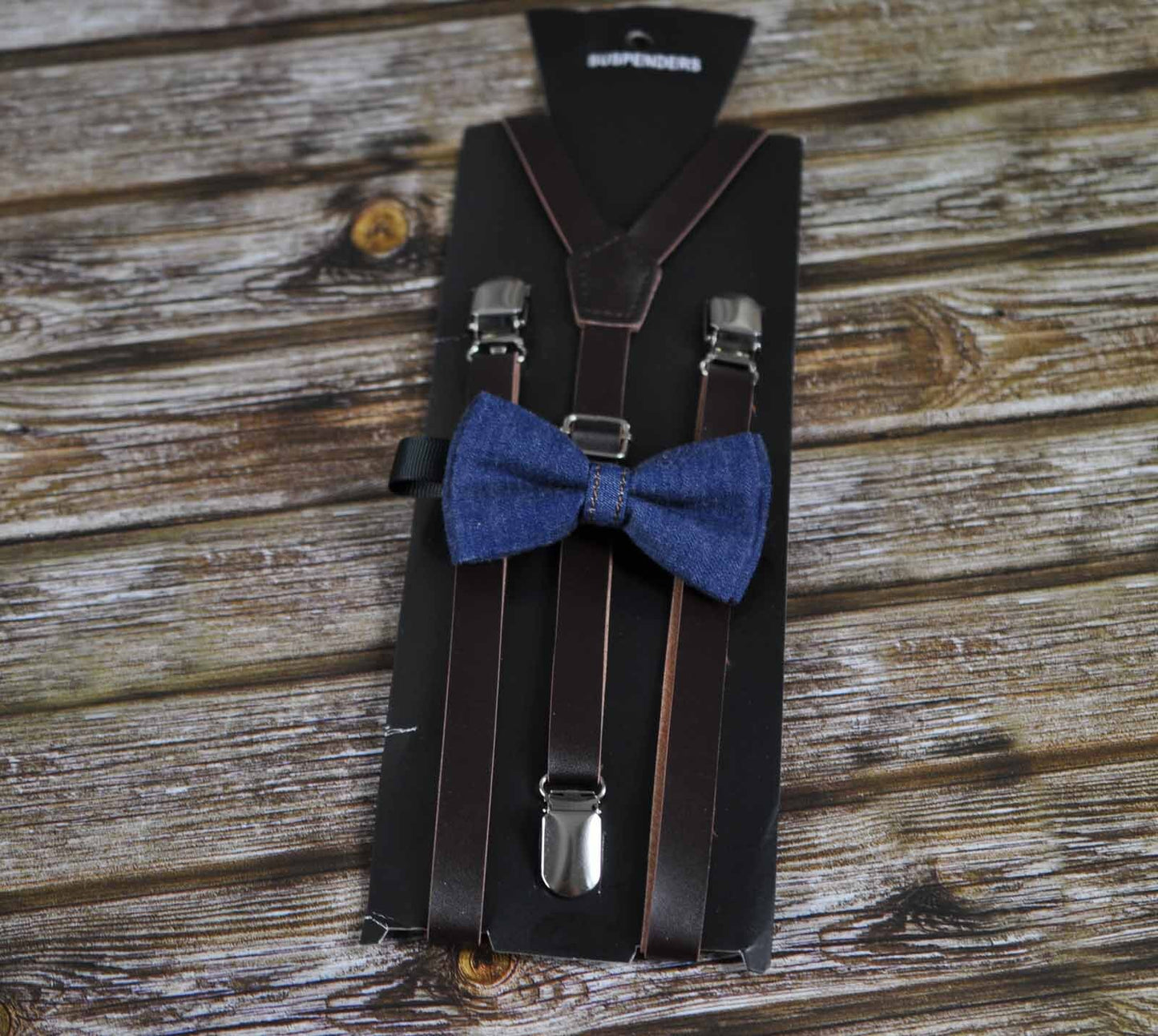 Boy Baby Kids Page Boy Navy Blue Denim Jeans Bow Tie + Deep Brown Coffee Faux Leather Suspenders Braces Sets Fits 1-6 Years Old Wedding