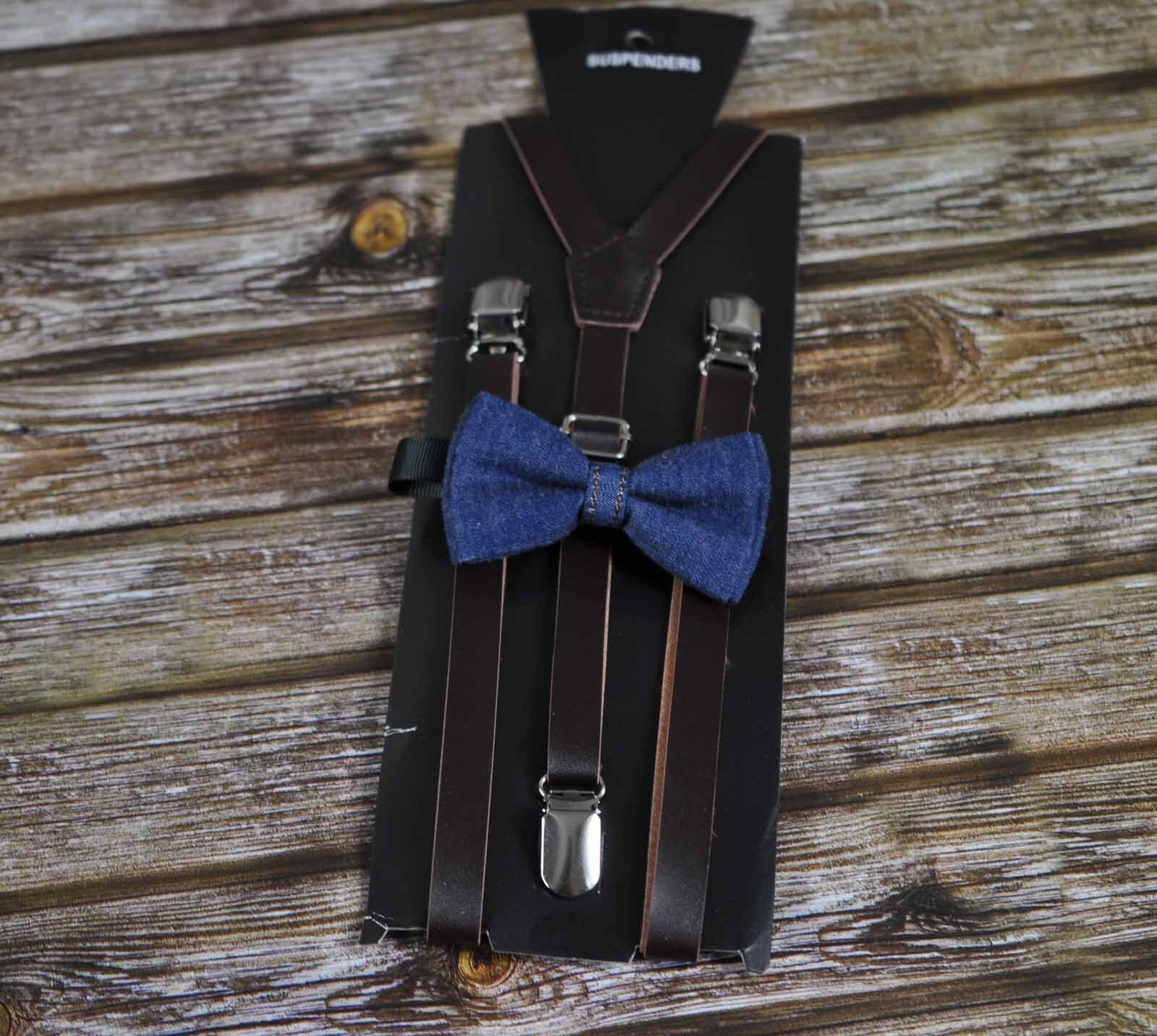 Boy Baby Kids Page Boy Navy Blue Denim Jeans Bow Tie + Deep Brown Coffee Faux Leather Suspenders Braces Sets Fits 1-6 Years Old Wedding