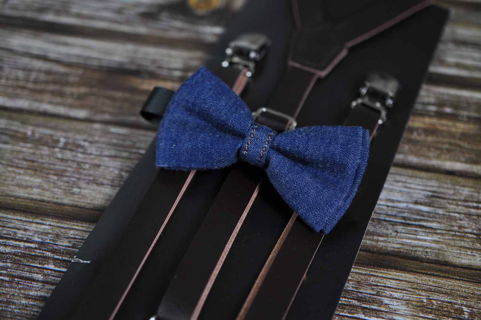 Boy Baby Kids Page Boy Navy Blue Denim Jeans Bow Tie + Deep Brown Coffee Faux Leather Suspenders Braces Sets Fits 1-6 Years Old Wedding