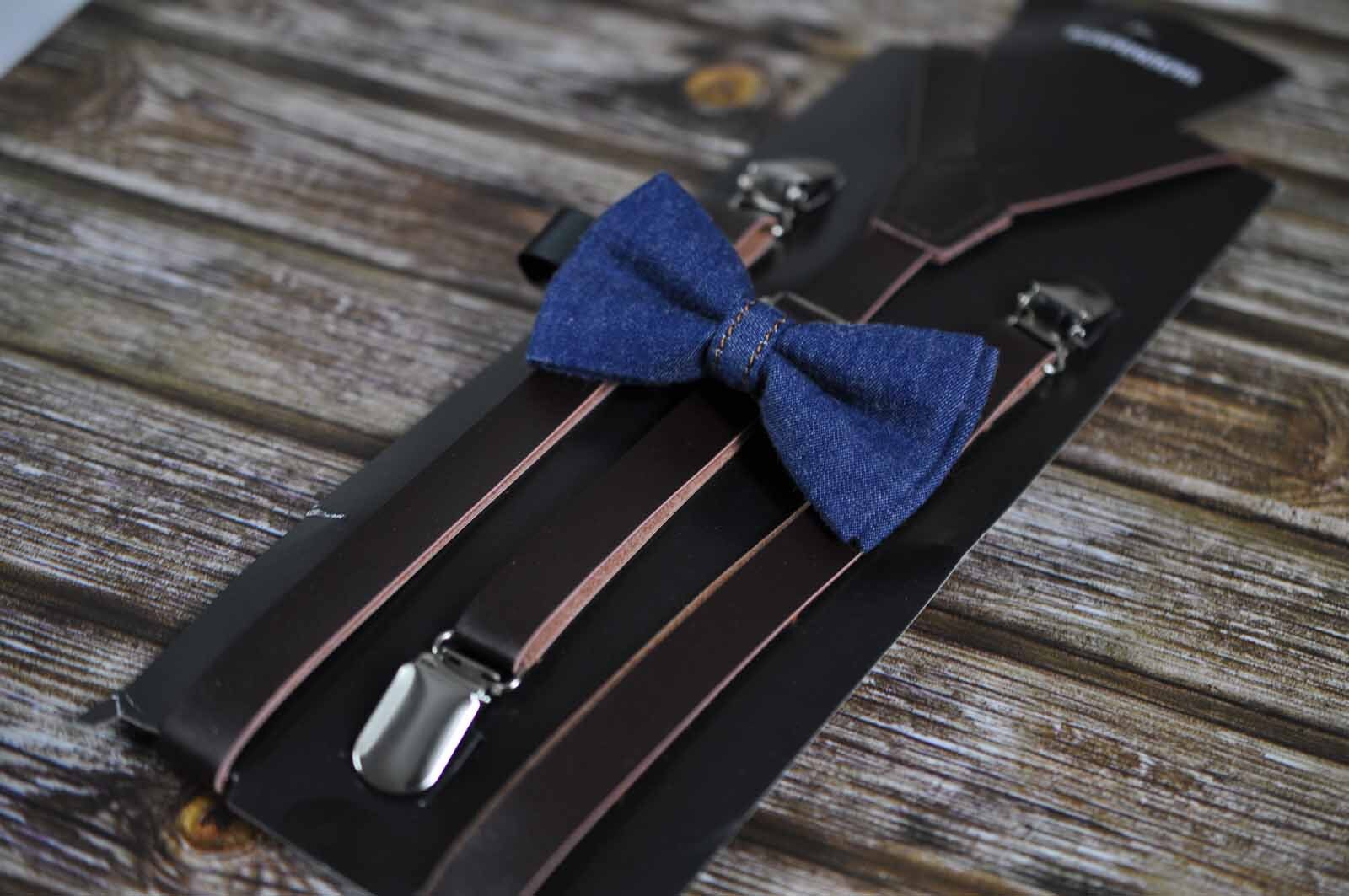 Boy Baby Kids Page Boy Navy Blue Denim Jeans Bow Tie + Deep Brown Coffee Faux Leather Suspenders Braces Sets Fits 1-6 Years Old Wedding