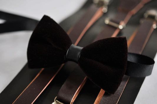 Kids Boys Baby Toddler Page Boy Deep Brown Coffee Velvet Bow tie and matched Faux Leather Suspenders Braces Wedding Set Fits 1-6 Years Old