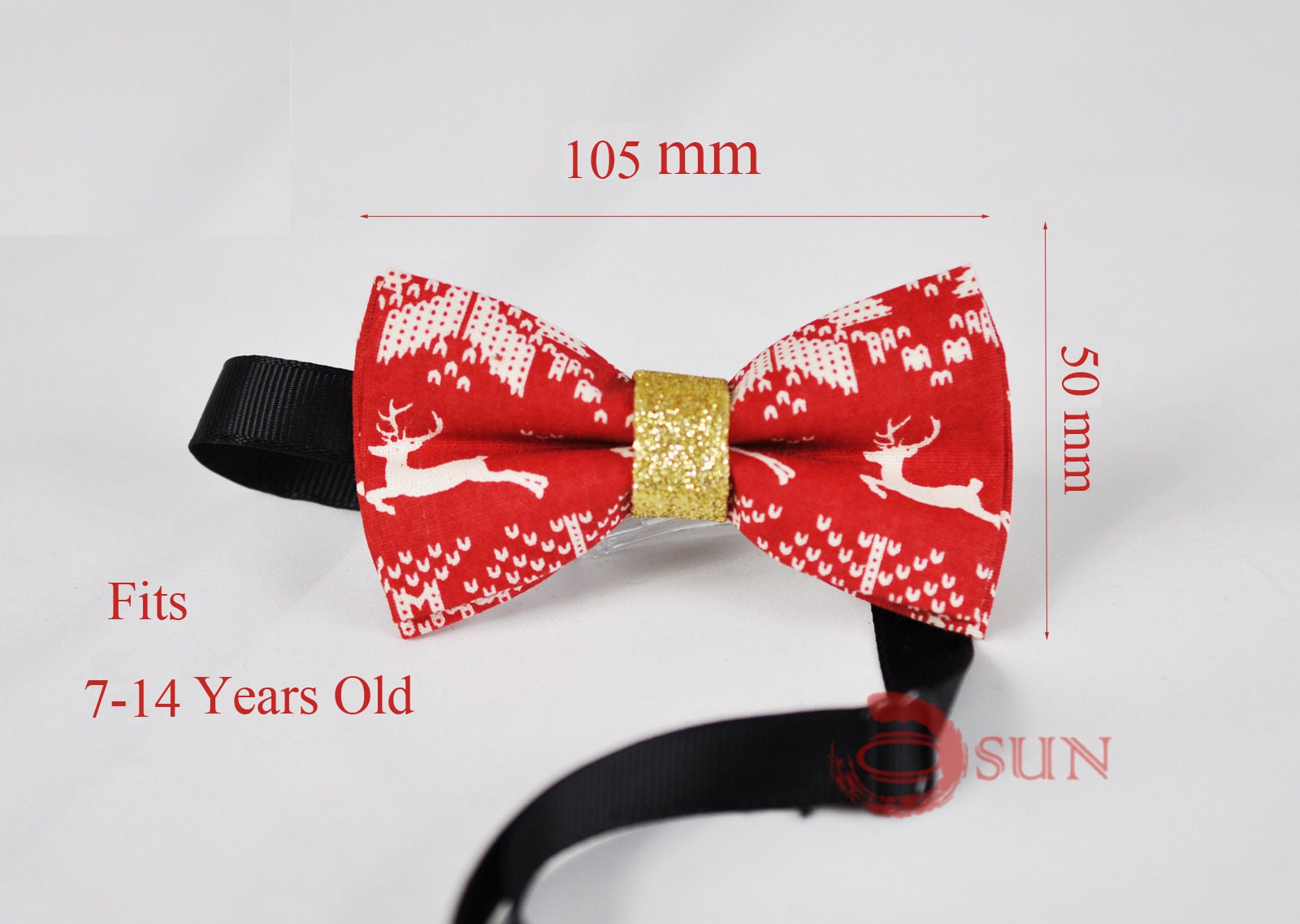 Boys Kids Youth Teenage 100% Cotton White Xmas Christmas Deer Elks Pattern Red Gold Bow Tie Bowtie Party Wedding 7-14 Years Old