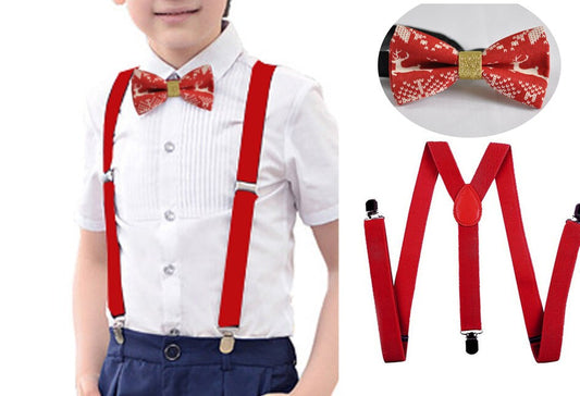 Xmas Christmas Deer Elks Pattern Red Cotton Bow Tie Bowtie + Red Elastic Suspender Braces for Men / Youth Teenage / Kids Boy / Infant Baby