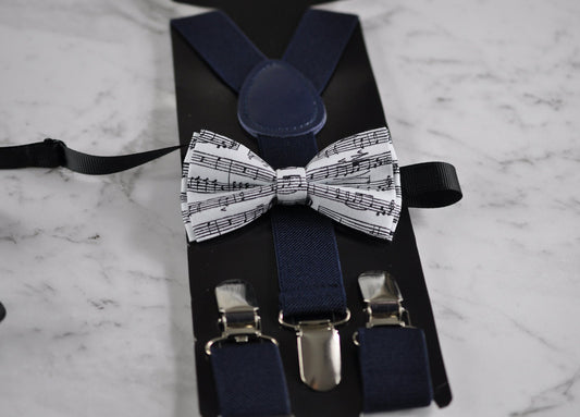 Boy Kids Page Boy Sheet Music Notes Pattern Cotton Bow Tie + Navy Suspenders Braces Set Fits 1-6 Years Old Wedding Party