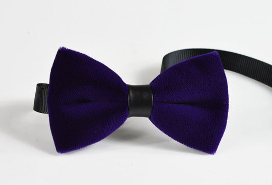 Kids Page Boy Teenage Youth Violet Purple Velvet Pretied Black Faux Leather Bow Tie Bowtie Fits 7-14 Years Old