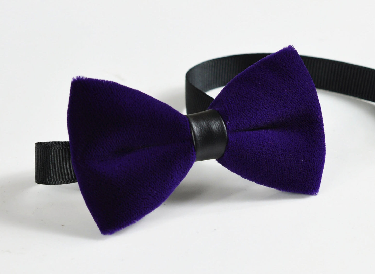 Kids Page Boy Teenage Youth Violet Purple Velvet Pretied Black Faux Leather Bow Tie Bowtie Fits 7-14 Years Old