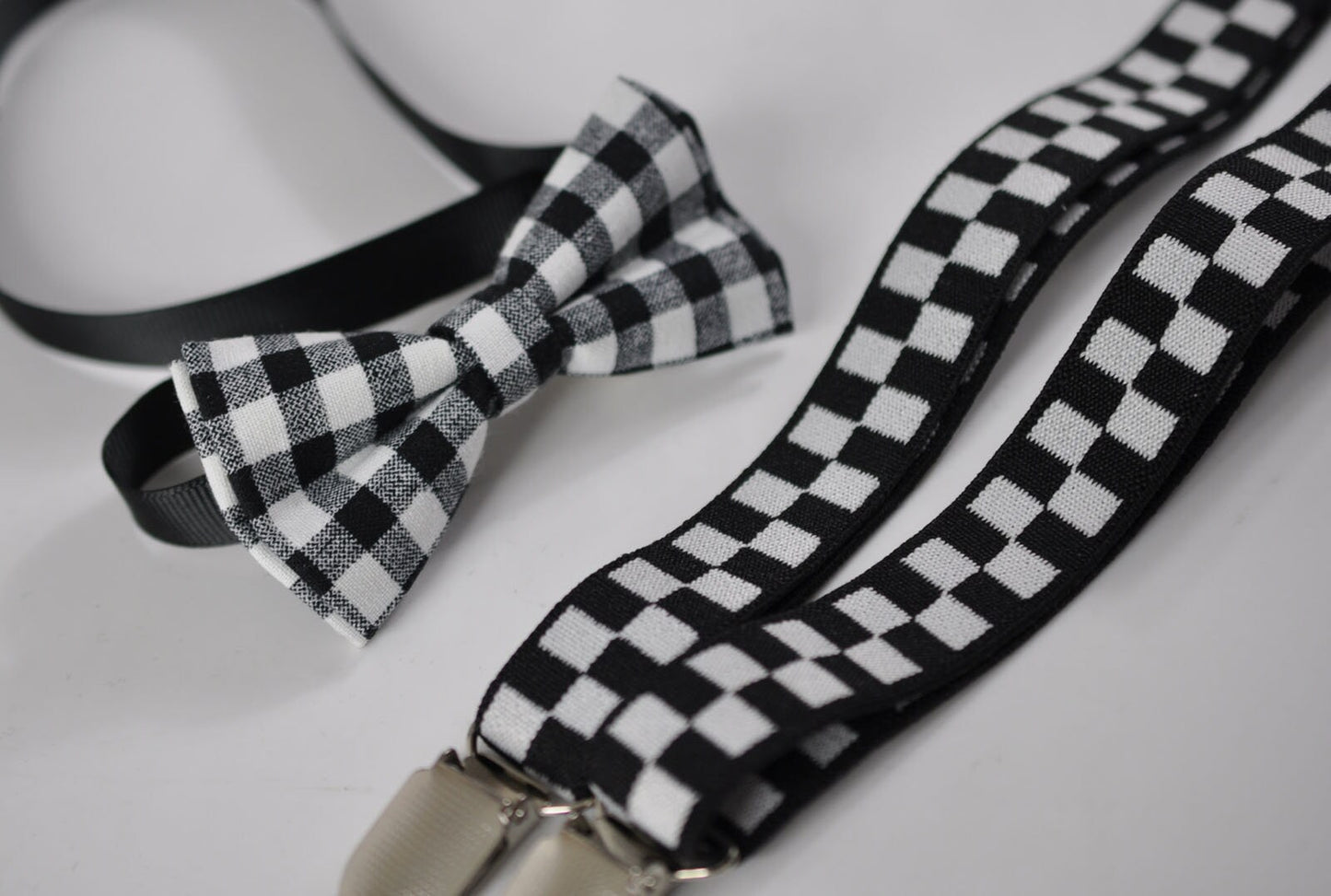 Boy Kids Page Boy Black White Grey Grids Pattern Cotton Bow Tie + Black White Grids Suspenders Braces Set Fits 1-6 Years Old Wedding Party