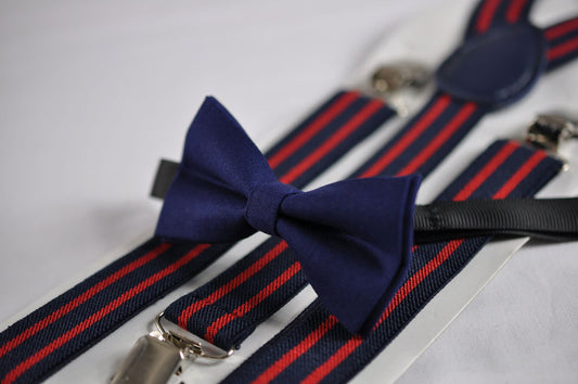 Kids Page Boy Toddler Infant Navy Blue Cotton Bow tie Bowtie + Red Blue Stripes Elastic Suspenders Braces Fits 1-6 Years Old