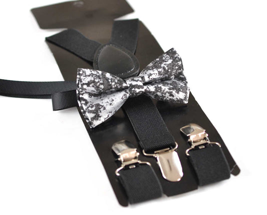 Boy Kids Page Boy Black Metallic Texture Crackle Pattern Cotton Bow Tie + Black Solid Suspenders Braces Set Fits 1-6 Years Old Wedding Party