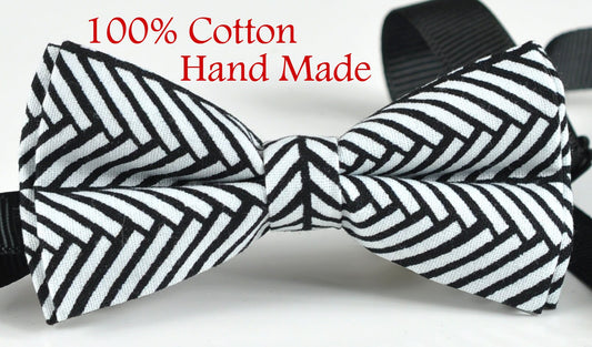 Men Women 100% Cotton Quality Black White Fishbone Stripes Pattern Handmade Pretied Bow Tie Bowtie Craft Wedding Party