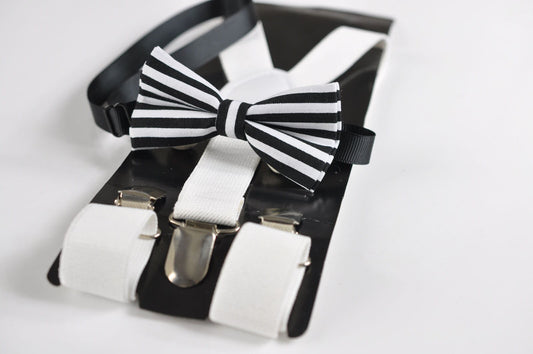 Boy Kids Page Boy ELEMENTS STRIPE BLACK Stripes Pattern Cotton Bow Tie + White Suspenders Braces Set Fits 1-6 Years Old Wedding Party