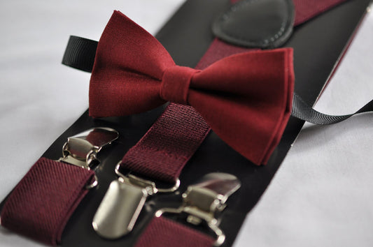 Rosewood Dark Red Cotton Bow tie Bowtie + Burgundy Dark Red Elastic Suspenders Braces for Toddler Infant / Kids Page Boy / Youth Teenage