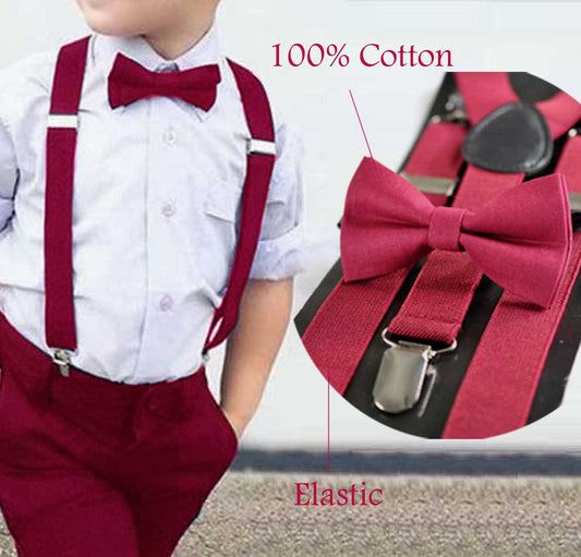 BOY KIDS Baby Infant Burgundy Rumba Red Clip-on Braces Elastic Suspenders + 100% Cotton Rumba Red Solid Bowtie Bow Ties Fits 1-6 Years Old