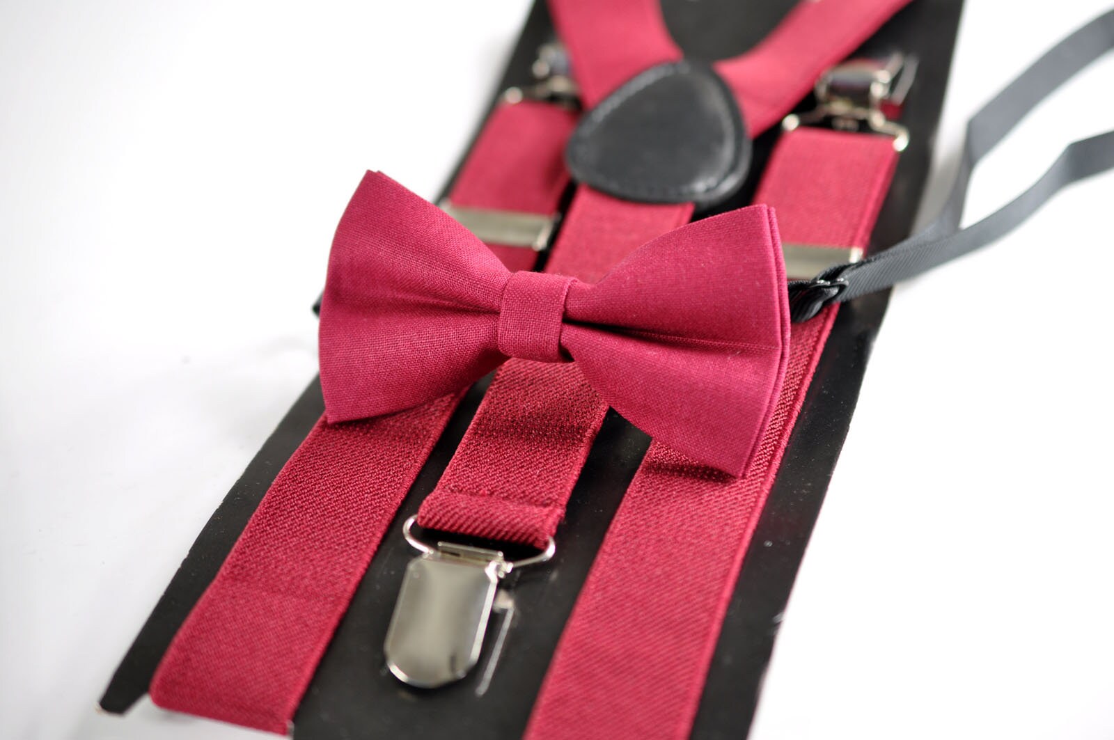 BOY KIDS Baby Infant Burgundy Rumba Red Clip-on Braces Elastic Suspenders + 100% Cotton Rumba Red Solid Bowtie Bow Ties Fits 1-6 Years Old