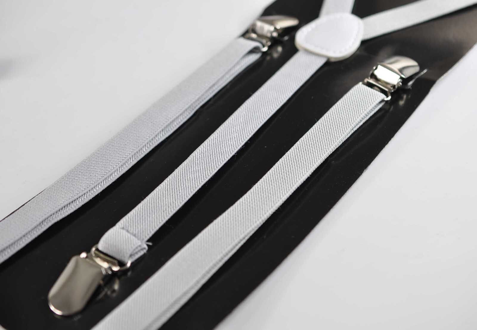 BOY KIDS Baby Infant Light Grey 15mm Skinny Braces Elastic Suspenders + 100% Cotton Grey white Stars Bowtie Bow Ties Fits 1-6 Years Old