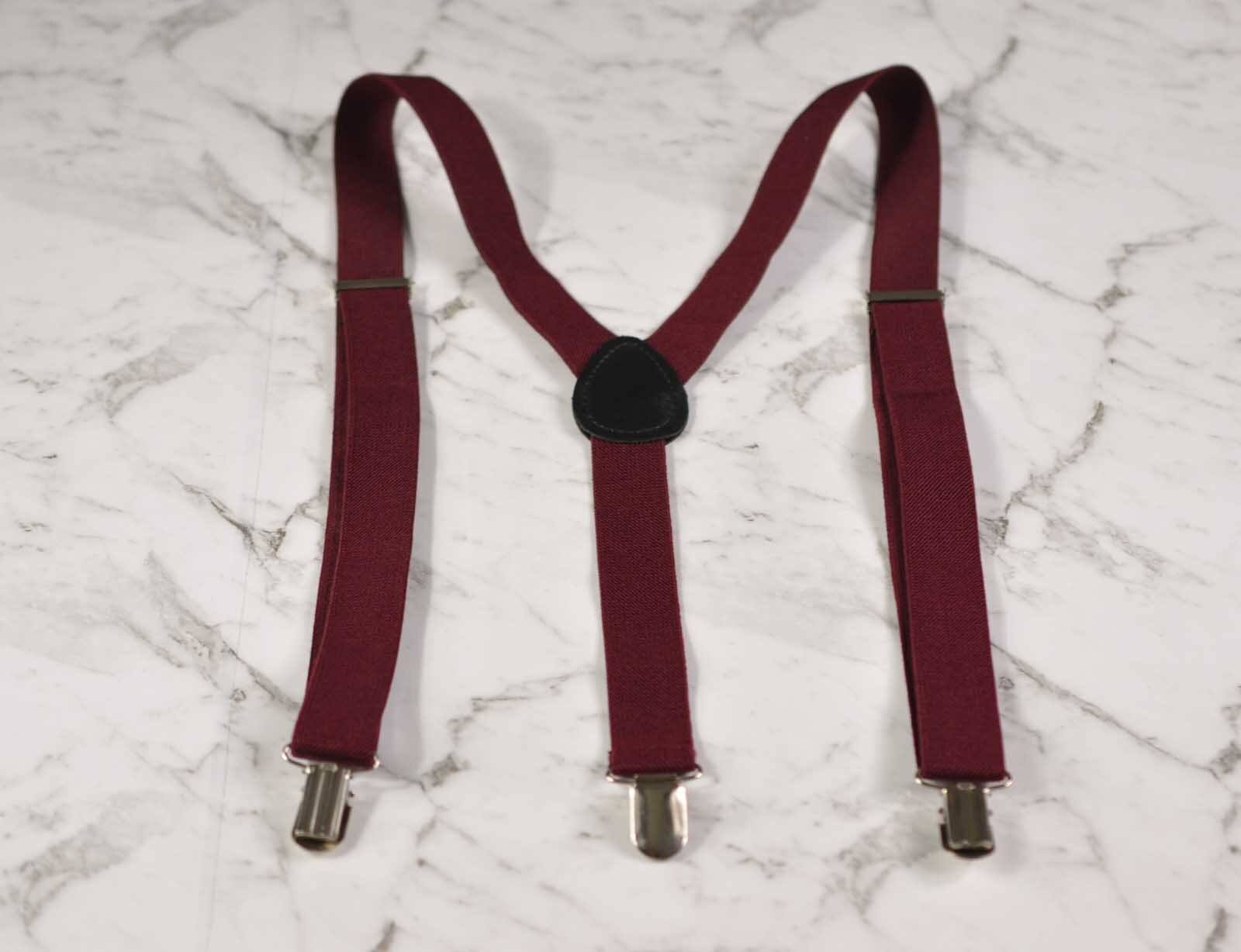 BOY KIDS Baby Infant Burgundy Red Dark Wine Clip-on Braces Elastic Suspenders + 100% Cotton Silver Grey Bowtie Bow Ties Fits 1-6 Years Old