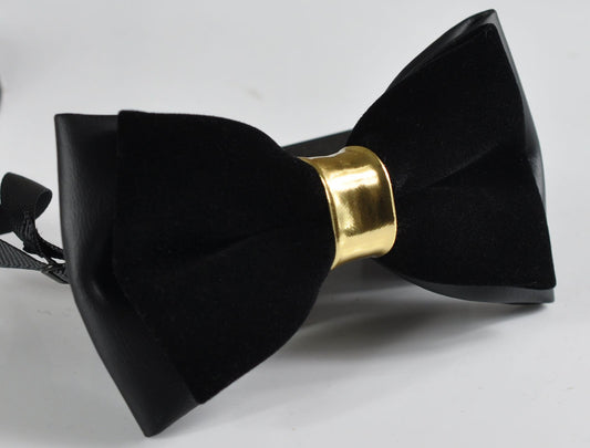 Mens PVC Faux Leather Velvet 2 Layers Black Golden Shining 2 Layers Bow Tie BOWTIE Wedding Party