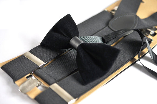 Men Unisex Black Velvet Pretied Bow Tie Bowtie + 35mm Wide Y-Back Black Elastic Suspenders Braces Groome Wedding