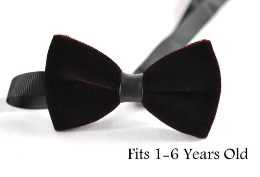 Baby Infant Kids Page Boy Toddler Brown Coffee Velvet Black Faux Leather Bowtie Bow Tie 1 to 6 Years Old Wedding Party