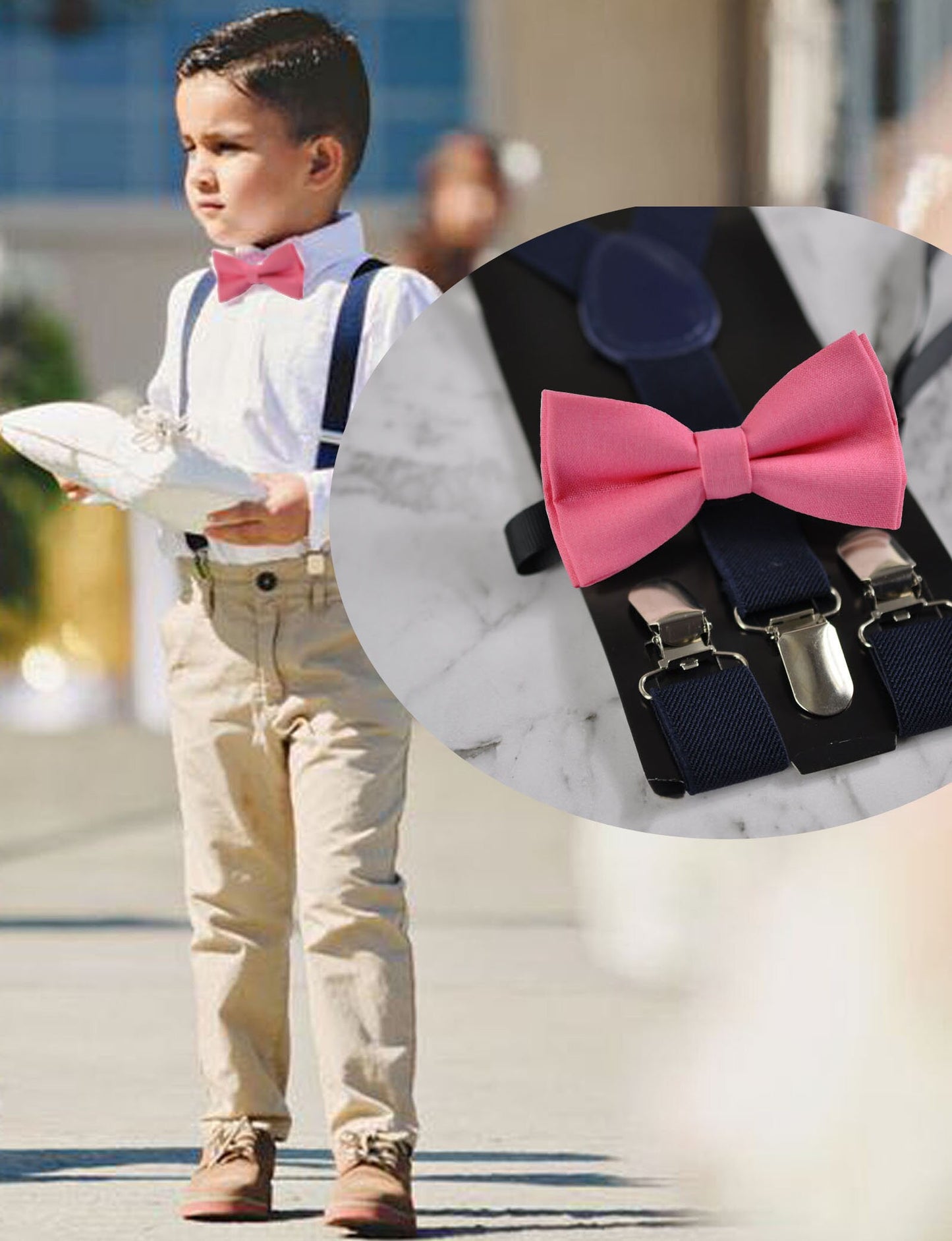 BOY KIDS Baby Infant Navy Blue Clip-on Braces Elastic Suspenders + 100% Cotton Candy Pink Solid Bowtie Bow Ties Fits 1-6 Years Old