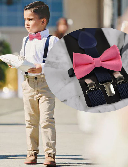 BOY KIDS Baby Infant Navy Blue Clip-on Braces Elastic Suspenders + 100% Cotton Candy Pink Solid Bowtie Bow Ties Fits 1-6 Years Old