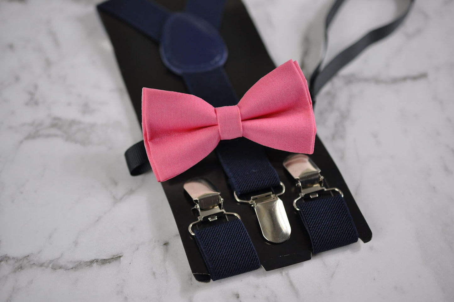 BOY KIDS Baby Infant Navy Blue Clip-on Braces Elastic Suspenders + 100% Cotton Candy Pink Solid Bowtie Bow Ties Fits 1-6 Years Old