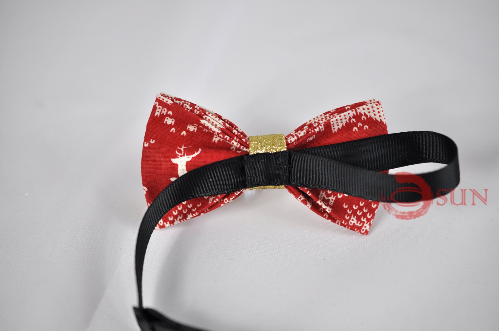 Boys Kids Youth Teenage 100% Cotton White Xmas Christmas Deer Elks Pattern Red Gold Bow Tie Bowtie Party Wedding 7-14 Years Old