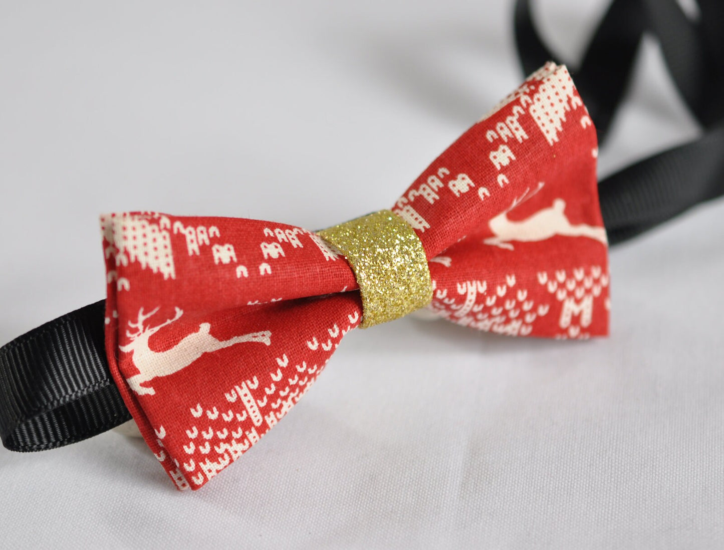 Xmas Christmas Deer Elks Pattern Red Cotton Bow Tie Bowtie + Red Elastic Suspender Braces for Men / Youth Teenage / Kids Boy / Infant Baby