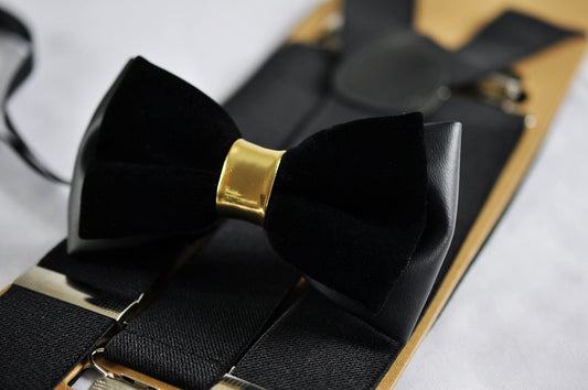 Black Gold Velvet +Faux Leather 2 Layers Pretied Bow Tie + Y-Back Black Elastic Suspenders Braces for Men / Youth / Toddler