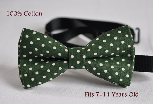 Kids Page Boy Youth Teenage 100% Cotton Green WHITE DOTS Bow Tie Bowtie Wedding 7-14 Years Old