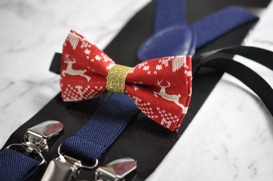 Red White Gold Xmas Christmas Elk Deer Cotton Bow tie+ Navy Blue Elastic Suspenders Braces for Kids Page Boy Toddler or Youth Teenage or Men