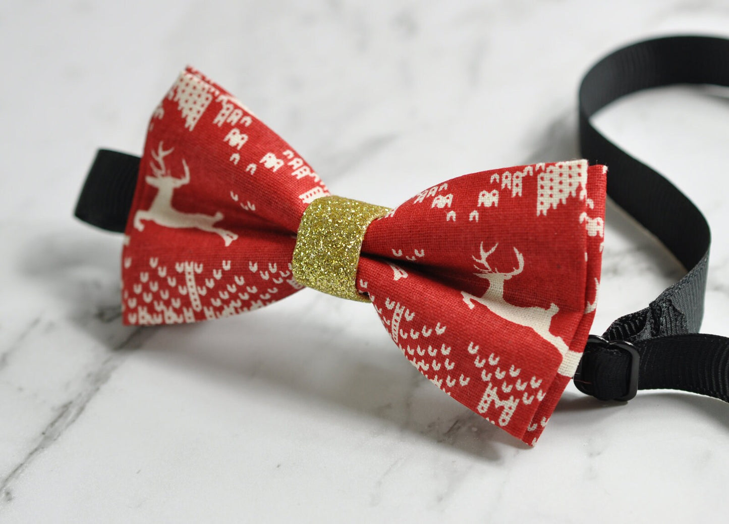 Red White Gold Xmas Christmas Elk Deer Cotton Bow tie+ Red Elastic Suspenders Braces for Kids Page Boy Toddler or Youth Teenage or Men