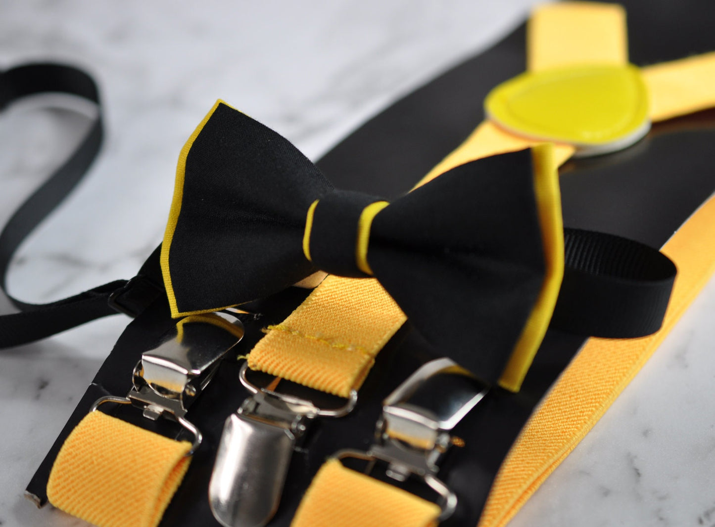 Black Yellow Cotton Bow tie bowtie and Yellow Elastic suspenders Braces for Men / Youth Teenage / Boy Kids / Baby Infant toddler