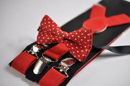 Red White Dots Pattern Pretide Bow Tie + Red Elastic Suspenders Braces for Baby Infant Toddler / Kids Page Boy / Youth Teenage / Adult