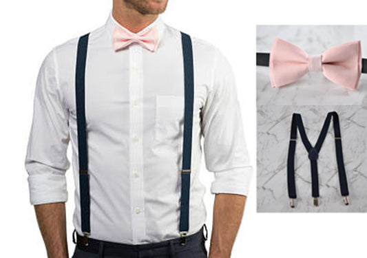 Men Women Navy Blue Adult 25mm Wide Braces Suspenders + 100% COTTON Baby PINK Bow Tie BOWTIE Wedding Party