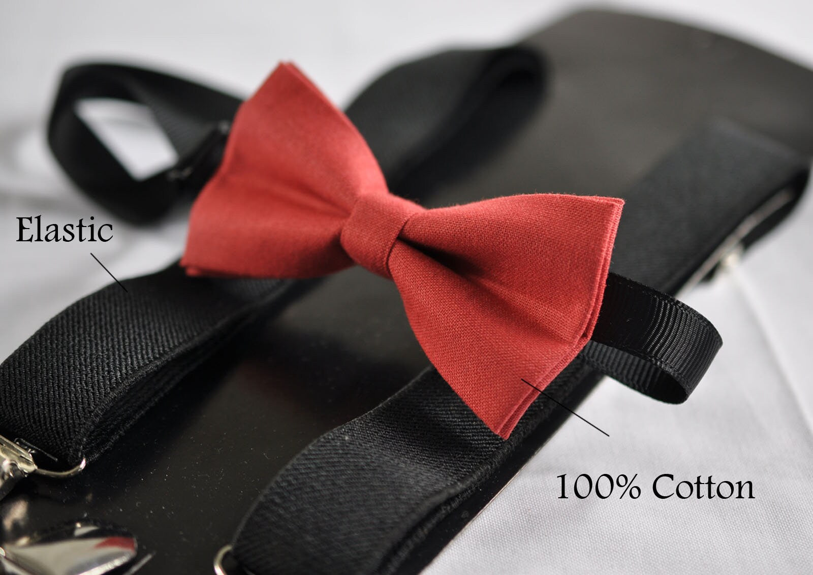 Boy Kids Page Boy Toddler Infant Brick Red 100% Cotton Bow Tie + Black Solid Elastic Suspenders Braces Set Fits 1-6 Years Old Wedding Party