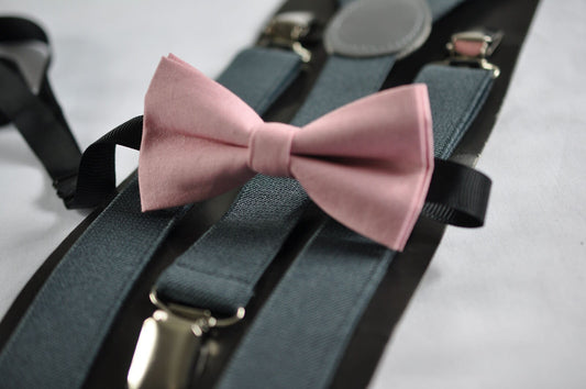 Dusky Dusty Rose Pink Blush Pink Cotton Bow tie+ Grey Gray Adjustable Elastic Suspenders Braces for Kids Page Boy Toddler or Youth Teenage