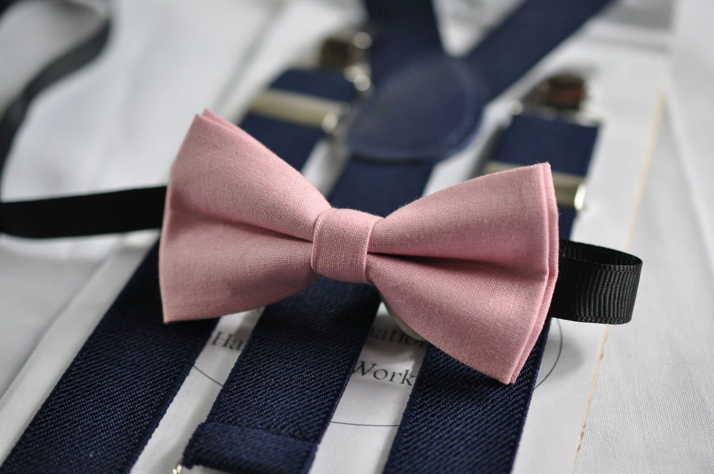 Dusky Dusty Rose Pink Blush Pink Cotton Bow tie+ Navy Blue Adjustable Elastic Suspenders Braces for Kids Page Boy Toddler or Youth Teenage