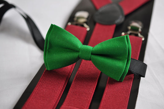 BOY KIDS Baby Infant Burgundy Wine Red Clip-on Braces Elastic Suspenders + 100% Cotton Ever Green Solid Bowtie Bow Ties Fits 1-6 Years Old