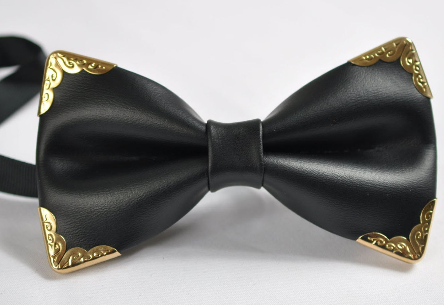 Men Adult Pretied Black Shining PVC Faux Leather Gold Edge Bow tie Bowtie Wedding Party