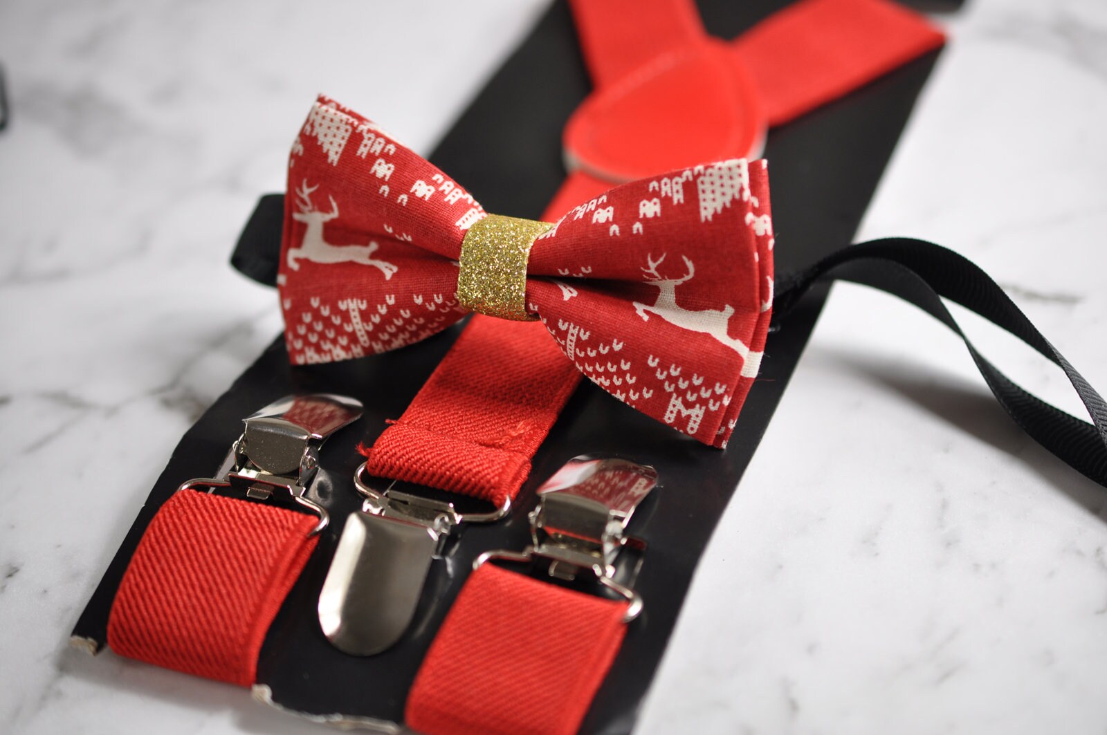 Red White Gold Xmas Christmas Elk Deer Cotton Bow tie+ Red Elastic Suspenders Braces for Kids Page Boy Toddler or Youth Teenage or Men