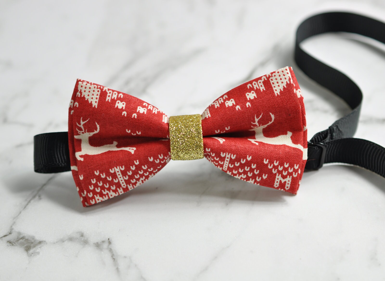 Red White Gold Xmas Christmas Elk Deer Cotton Bow tie+ Red Elastic Suspenders Braces for Kids Page Boy Toddler or Youth Teenage or Men